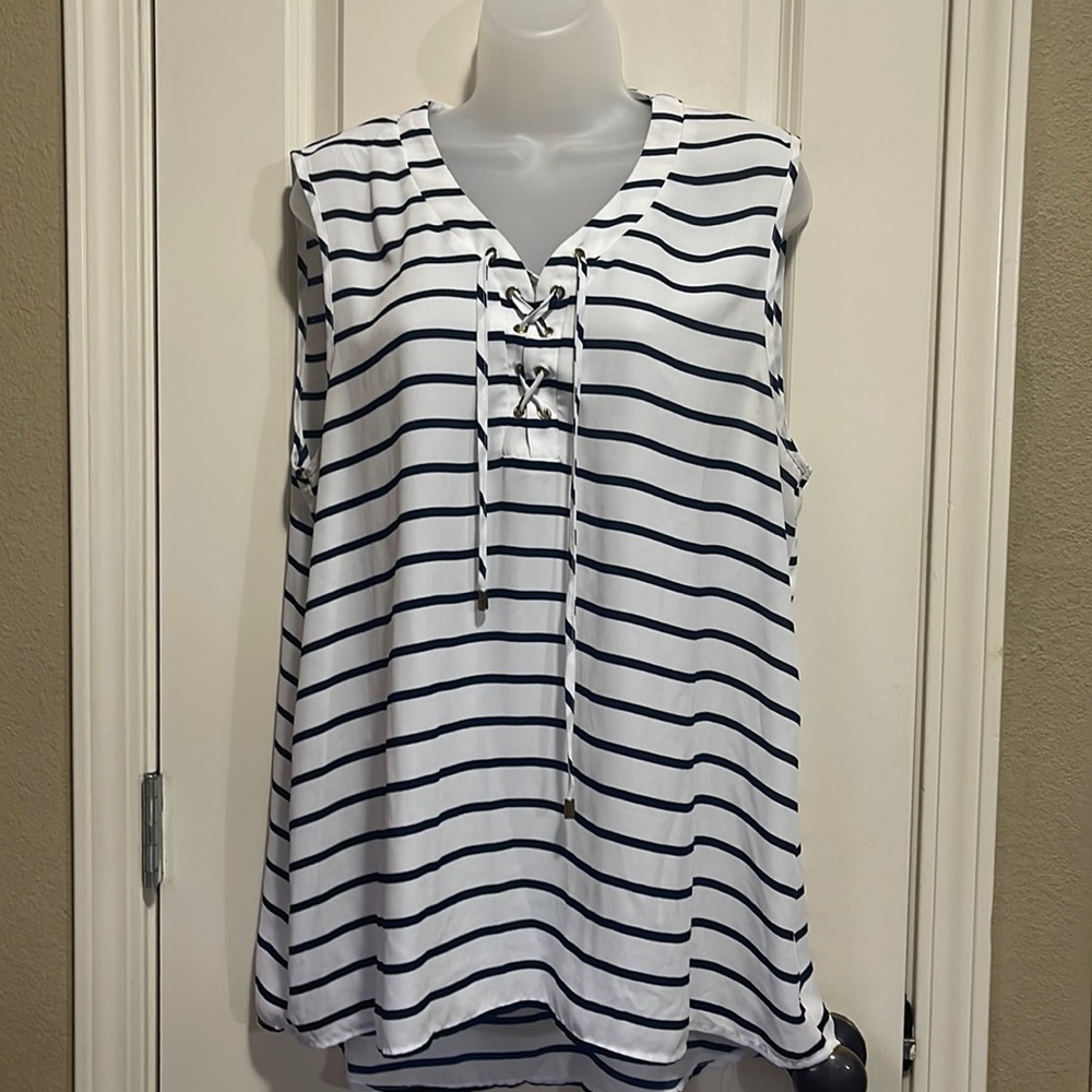White and blue stripe top with lace up front size XL